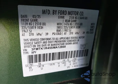 2025 Ford Mustang Mach-E Select from USA, damaged, VIN 3FMTK1R45SMA12868